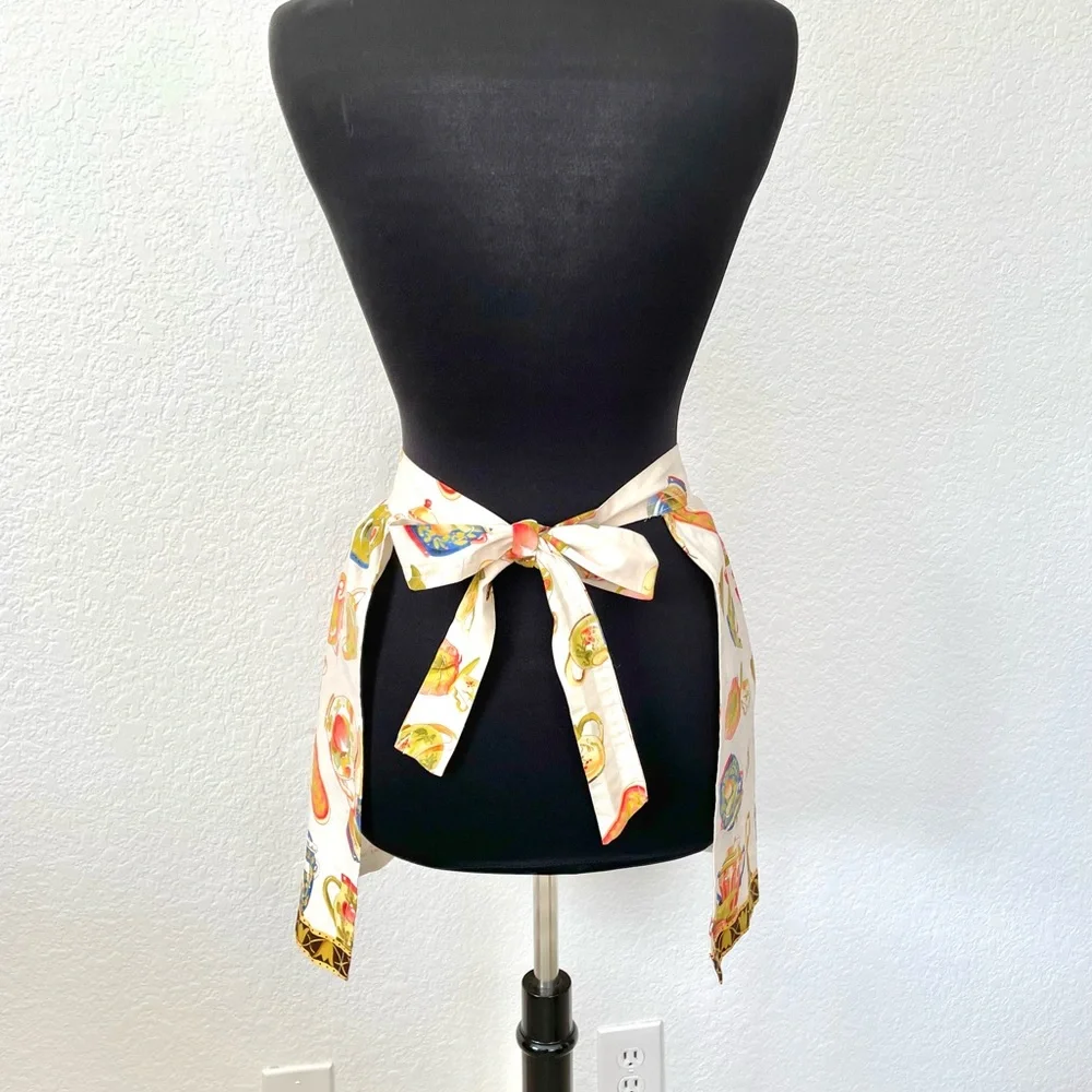 Vintage Cream Half Apron with Colorful Teapot & Utensil Motif
